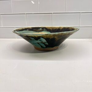 Turquoise-Brown Glazed Heavy Pottery, Handmade Signed Art Stoneware Bowl IKEBANA